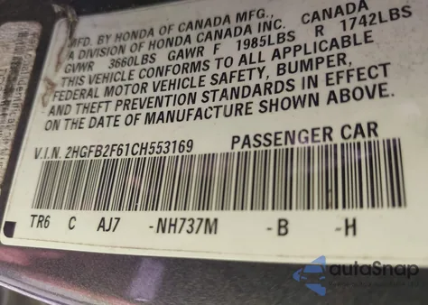 2012 Honda Civic Hf z USA, uszkodzony, nr VIN 2HGFB2F61CH553169